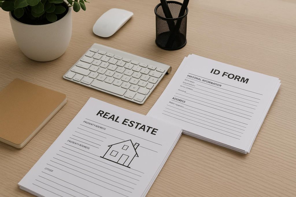 Real estate papers and ID forms for FINTRAC ID verification compliance.