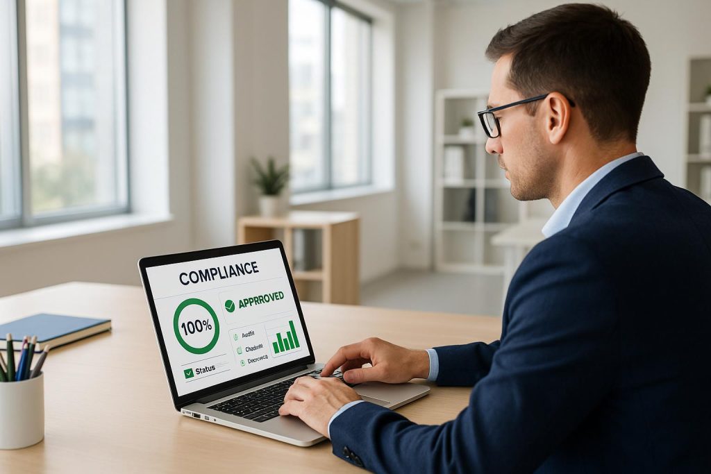 Professional reviewing on-demand compliance checks on a laptop in a modern office.