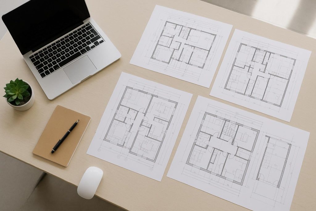 Multiple construction documents in a modern office for new home sales organization.