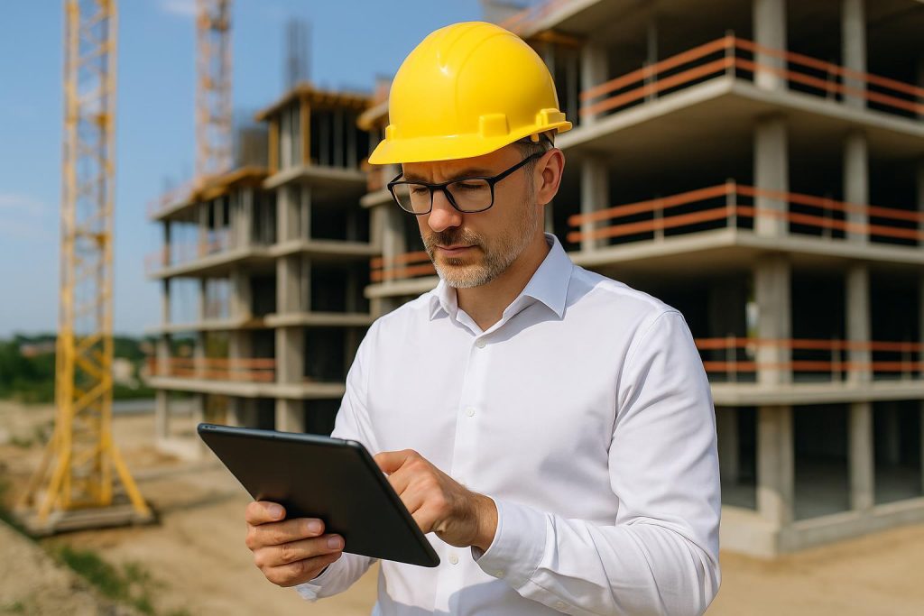 A developer reviewing new home sales data on a tablet near a construction site.