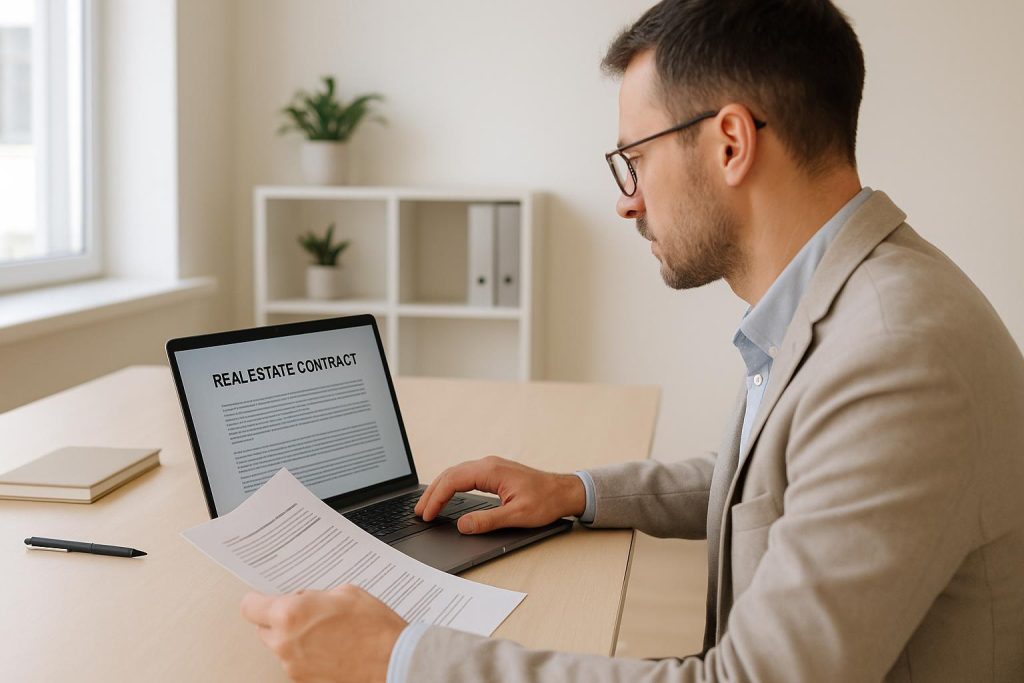 Professional reviewing contract documents for new home sales in a modern office setting.