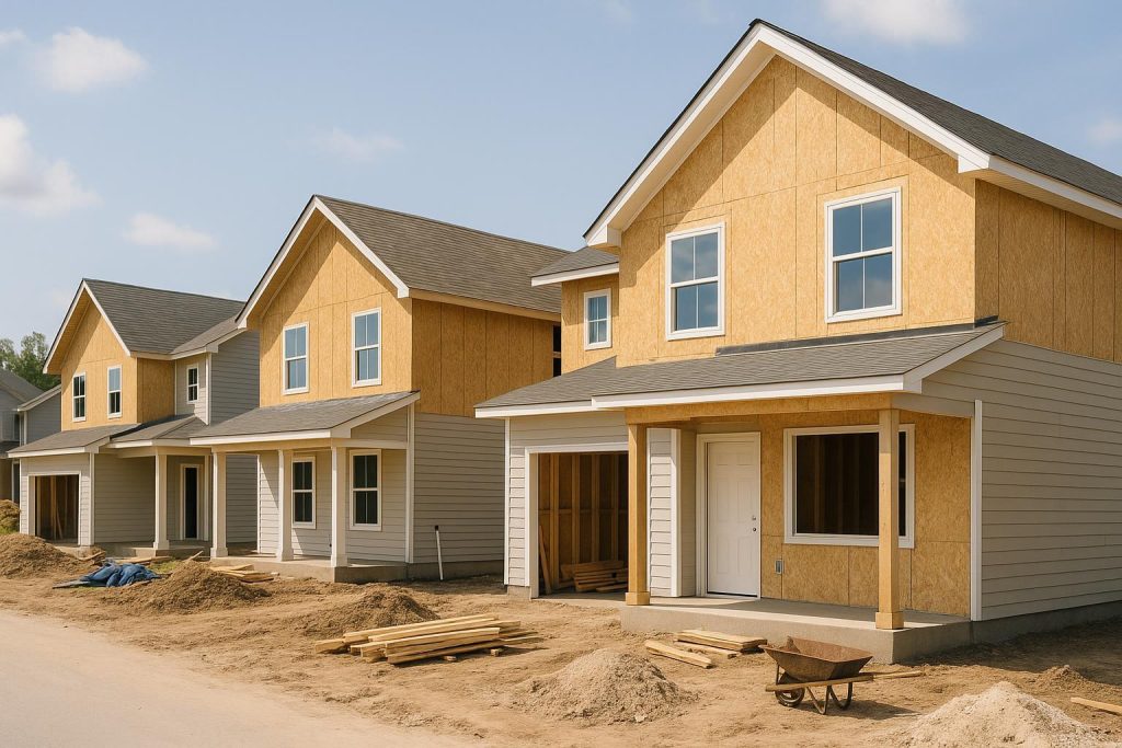 Modern suburban homes under construction showing real-time inventory management for new home sales