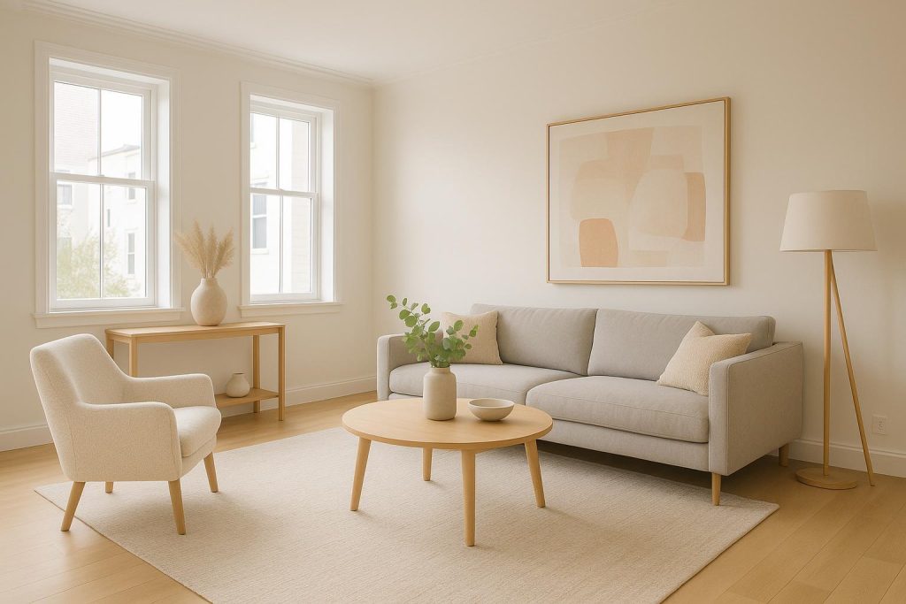 Newly built living room with upgraded finishes highlighting new home sales potential.