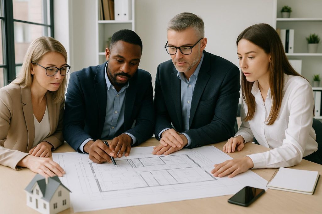 Real estate developers collaborating on blueprints for new home sales.