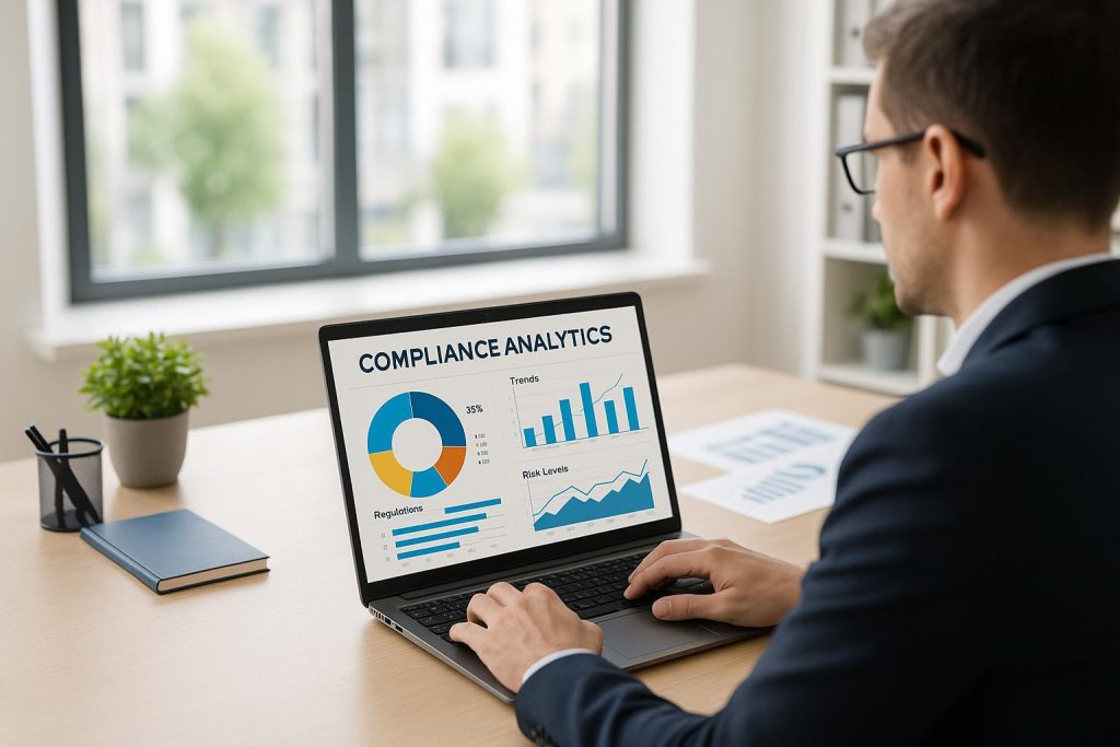 Professional reviewing advanced compliance analytics on a laptop in a modern office setting.