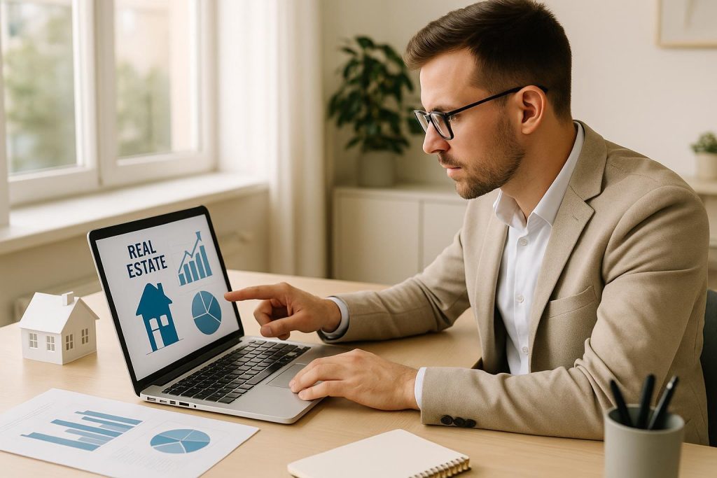 Professional analyzing data for a real estate sales pipeline ROI measurement in a modern office.