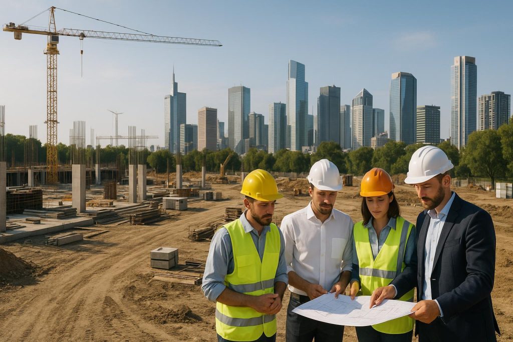 Professionals reviewing a real estate pipeline tracker at a large construction site.