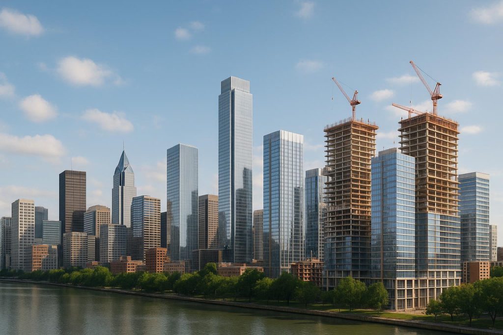 A modern cityscape foregrounding real estate analysis metrics for developers.