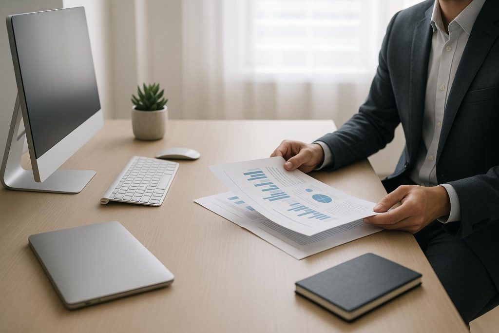 Real estate professional reviewing papers for active compliance tracking in a bright office.