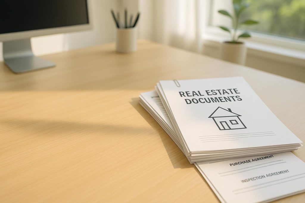 Bright office desk with real estate documents for active compliance tracking