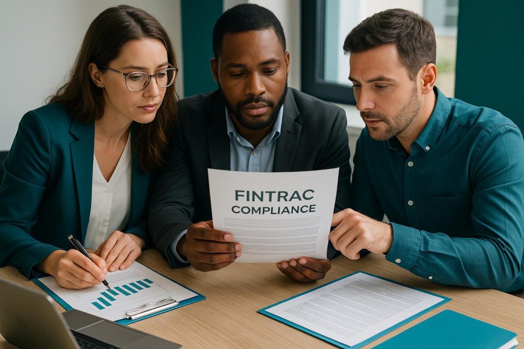 Team reviewing FINTRAC compliance documentation for compliance monitoring automation.