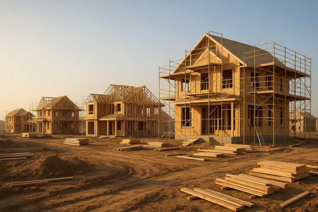 New home construction site emphasizing compliance monitoring in real estate development.