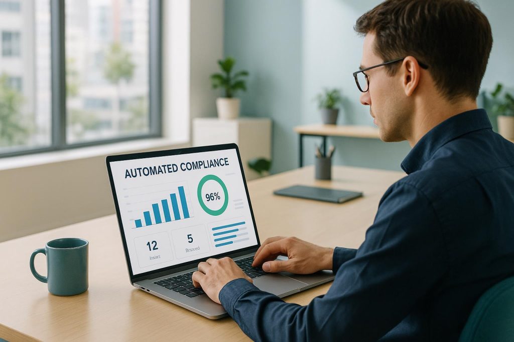 Professional in an office using compliance monitoring automation on a laptop.