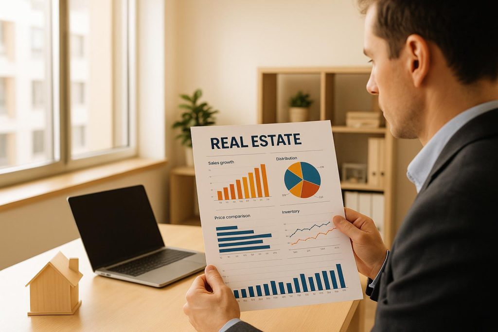 Real estate professional reviews KPI metrics for digital compliance and sales performance in a modern office.