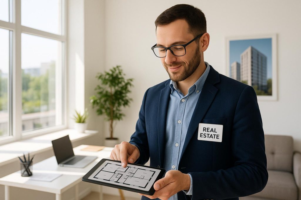 Real estate manager checks inventory management details on a tablet with building plans and digital compliance metrics.