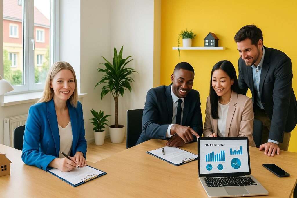 A sales team reviews CRM pipeline data in a modern real estate office.