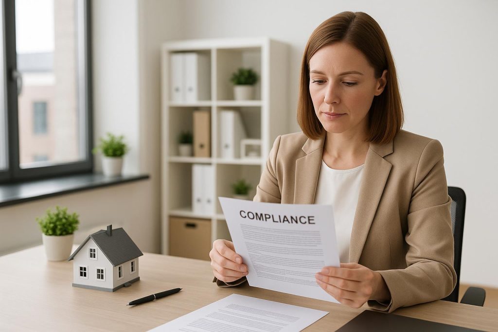 Real estate professional reviewing documents for compliance monitoring automation.