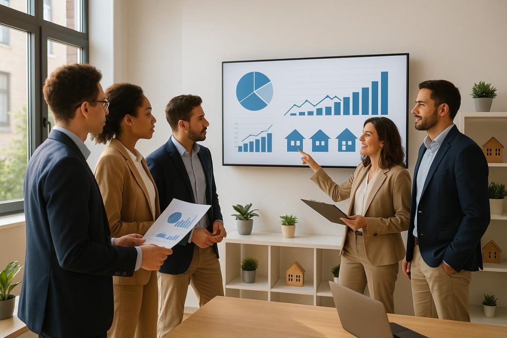 Real estate team discussing CRM and compliance monitoring automation to boost sales efficiency.