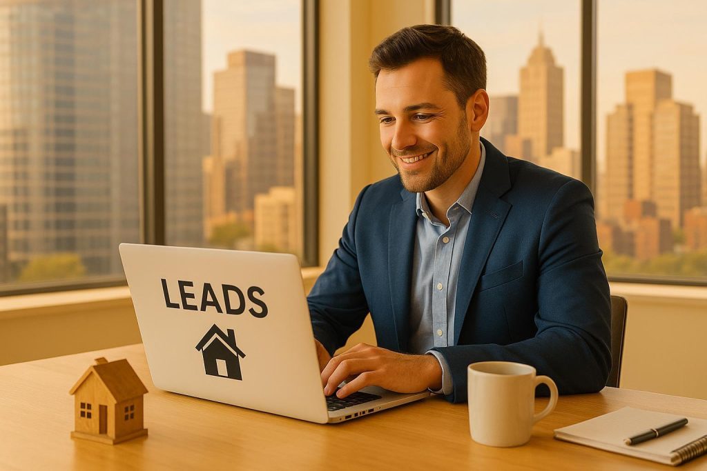Businesswoman reviewing a real estate sales pipeline on her laptop in a modern office.