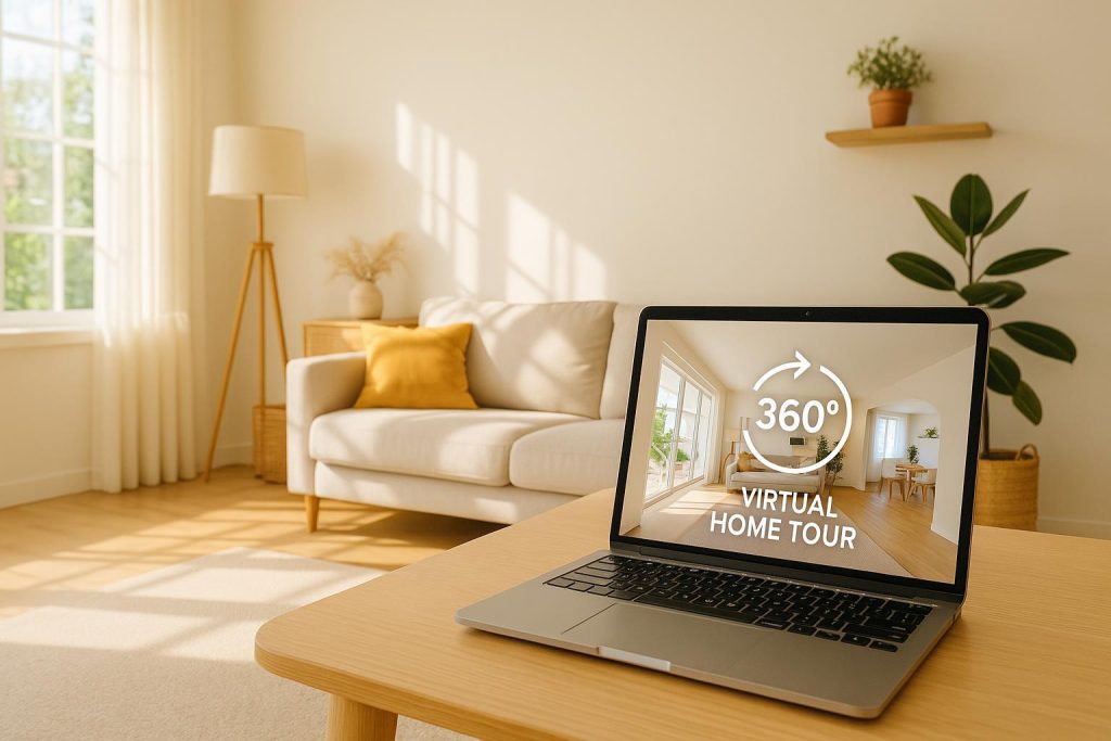 A bright living room with a laptop displaying a virtual home tour, showing how to reduce on-site visits