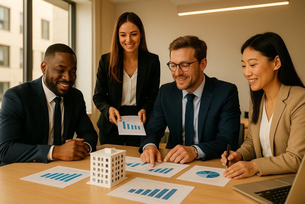 Professionals discuss coordinated sales performance strategies in real estate development.