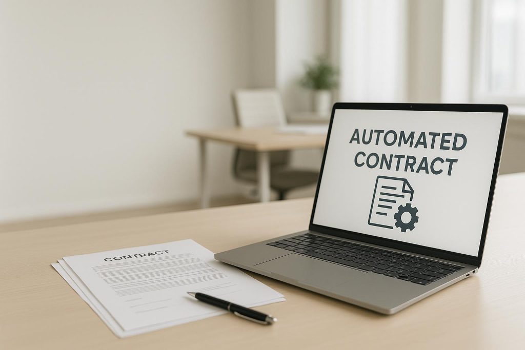 Bright desk with a laptop and documents for an automated contract solution integrating with CRM or ERP.