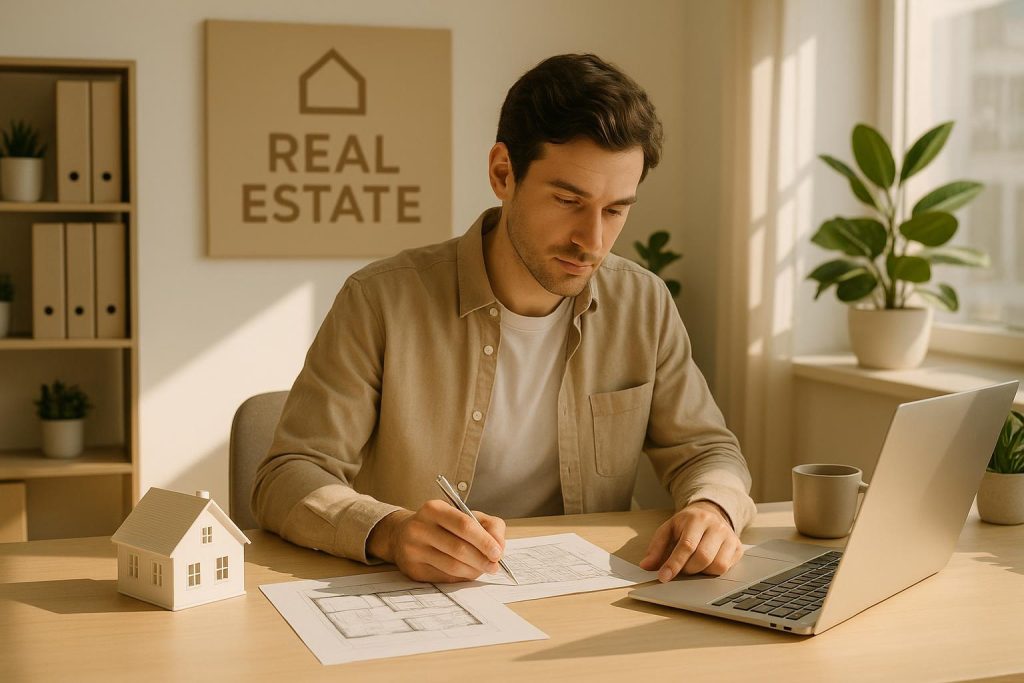 Real estate professionals reviewing automated compliance processes at a building site.