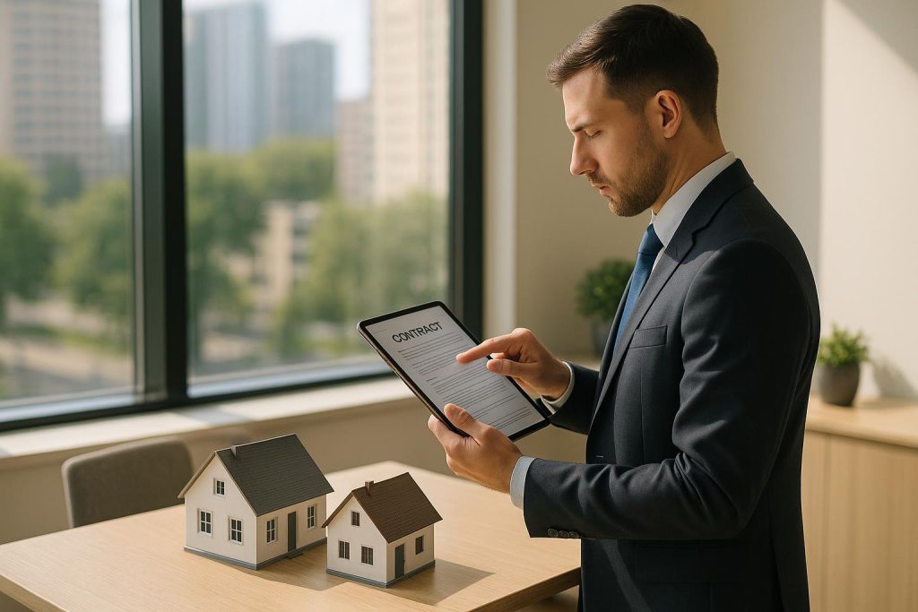 Professional reviews automated contract solutions for large property inventories in a well-lit modern office.