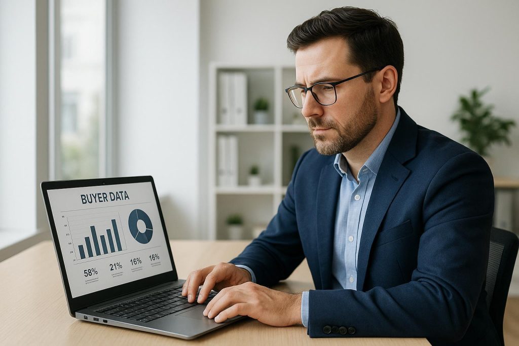 Real estate professional evaluating buyer interest analysis in a bright office.