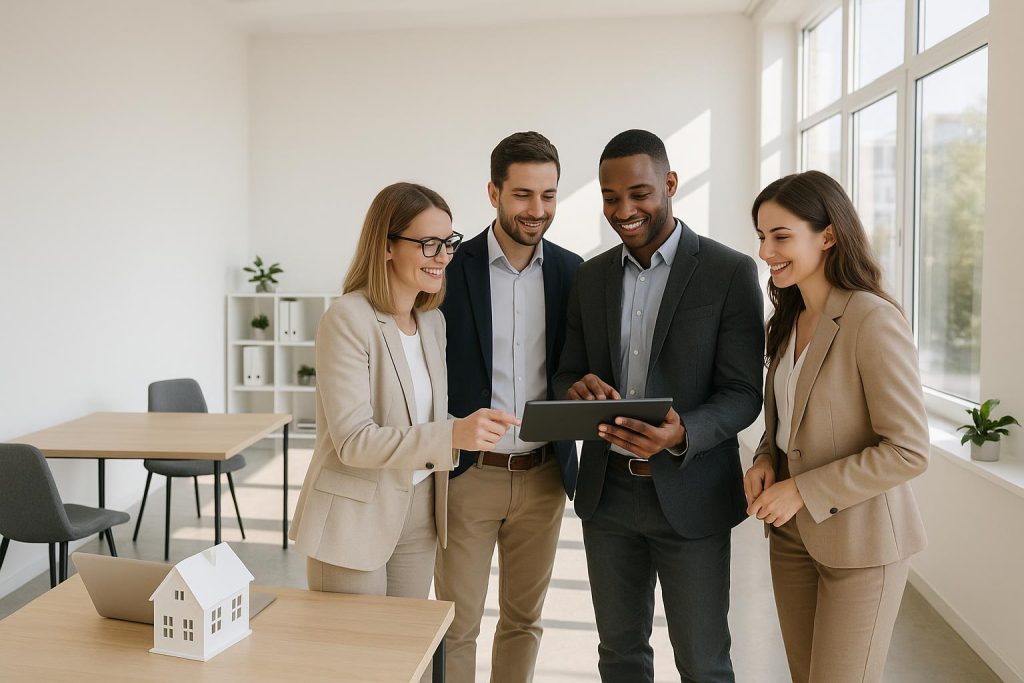 Team in a modern office reviewing automated property updates on a tablet.
